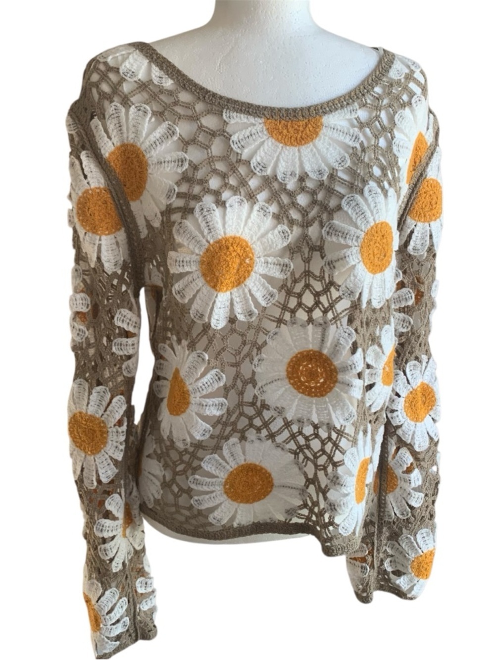 🌼Crochet Daisy Lace Sheer Top Long Sleeve White Yellow Taupe L - Picture 3 of 14